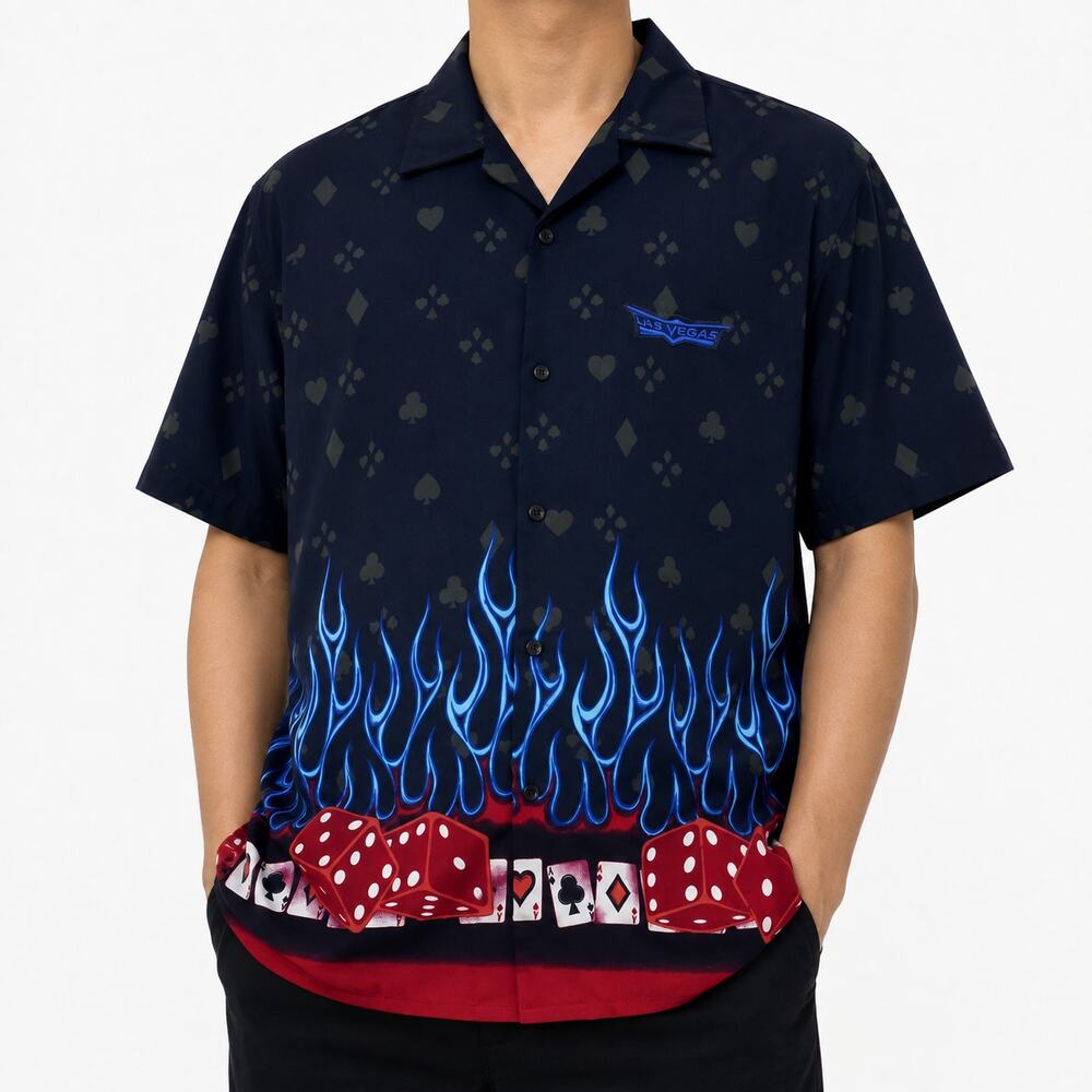 Stylo DNM Engineering Shirt Mens XL Blue Red Las Vegas Casino Shirt Camp Collar